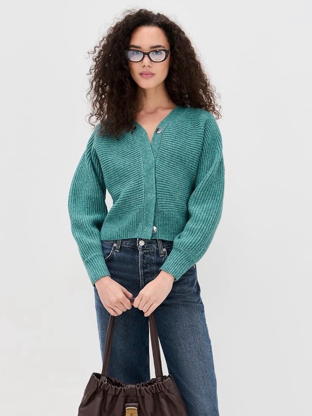 Le BopTeal Ribbed V-Neck Cardigan Sweater With Hidden Snap Plackets, size M